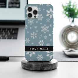 Weiße Schneeflocken, Grau, Ihr Name, Personalisier iPhone 15 Pro Max Hülle