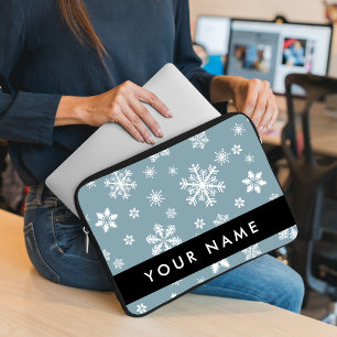 Weiße Schneeflocken, Grau, Ihr Name, Personalisier Laptopschutzhülle