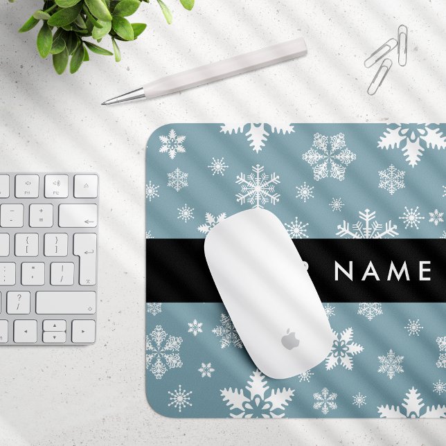 Weiße Schneeflocken, Grau, Ihr Name, Personalisier Mousepad (Von Creator hochgeladen)