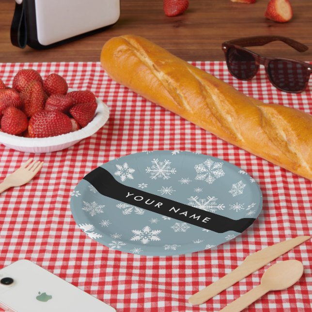 Weiße Schneeflocken, Grau, Ihr Name, Personalisier Pappteller (Picknick)