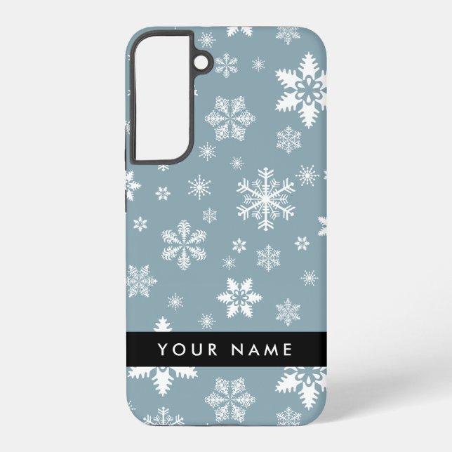 Weiße Schneeflocken, Grau, Ihr Name, Personalisier Samsung Galaxy Hülle (Rückseite)