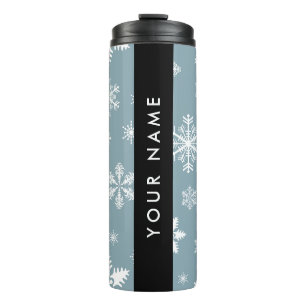 Weiße Schneeflocken, Grau, Ihr Name, Personalisier Thermosbecher