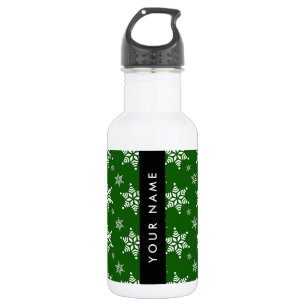 Weiße Schneeflocken, Grün, Ihr Name, Personalisier Edelstahlflasche