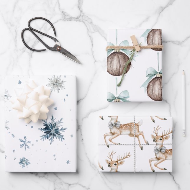 Weiße Schneeflocken-Hirsch-Kokosnussschmuck Geschenkpapier Set (Vorderseite)