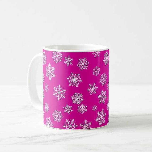 Weiße Schneeflocken im Fuchsienrosa-Hintergrund Kaffeetasse (Vorderseite Links)