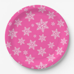 Weiße Schneeflocken im rosa Wintermuster Pappteller