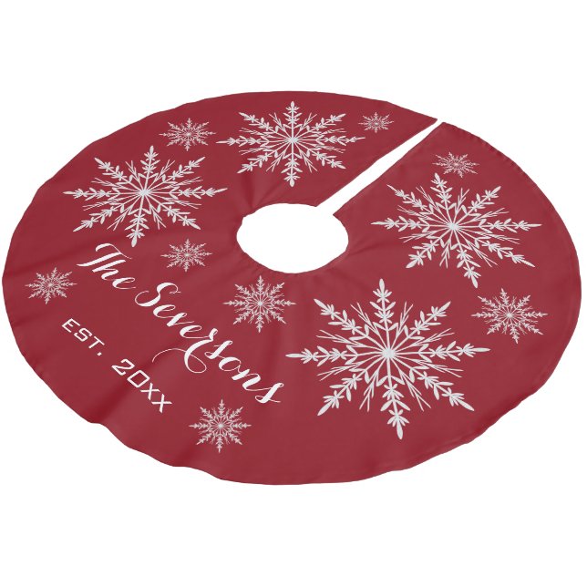 Weiße Schneeflocken in Rot Polyester Weihnachtsbaumdecke (Schrägansicht)