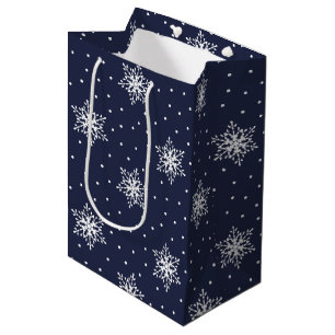 Weiße Schneeflocken mit Polka-Punkten auf Navy Blu Mittlere Geschenktüte