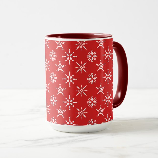 Weiße Schneeflocken mit roten Hintergrundfarben Tasse (VorderseiteRechts)