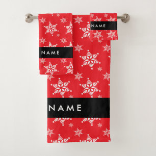 Weiße Schneeflocken, Rot, Ihr Name, Personalisiere Badhandtuch Set
