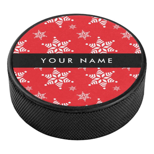 Weiße Schneeflocken, Rot, Ihr Name, Personalisiere Eishockey Puck (3/4)