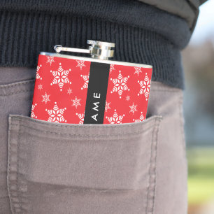Weiße Schneeflocken, Rot, Ihr Name, Personalisiere Flachmann