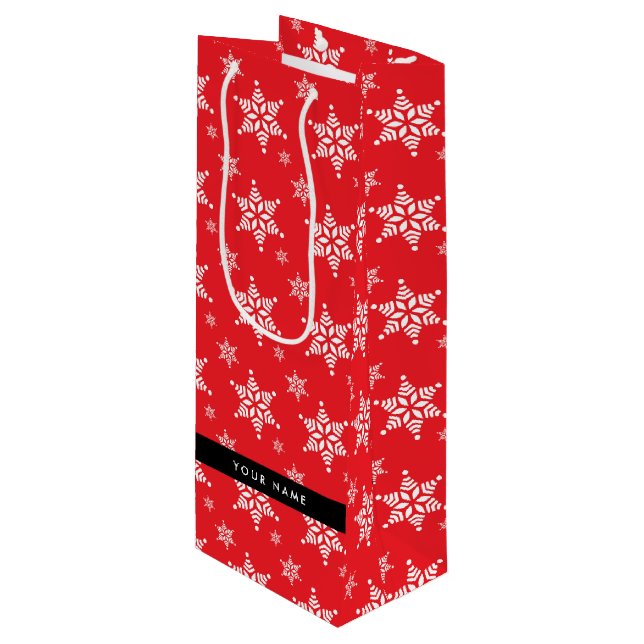 Weiße Schneeflocken, Rot, Ihr Name, Personalisiere Geschenktüte Für Weinflaschen (Vorderseite Schrägansicht)