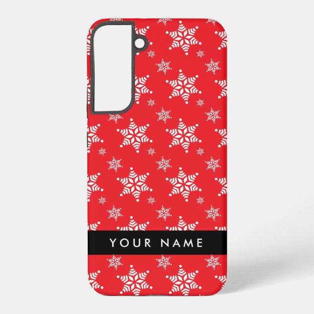 Weiße Schneeflocken, Rot, Ihr Name, Personalisiere Samsung Galaxy Hülle (Rückseite)