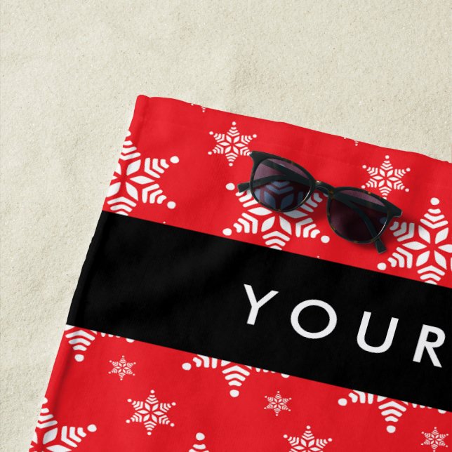 Weiße Schneeflocken, Rot, Ihr Name, Personalisiere Strandtuch (Beispiel)