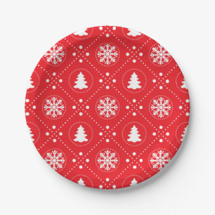 Weiße Schneeflocken Weihnachtsbaume Rotes Design Pappteller