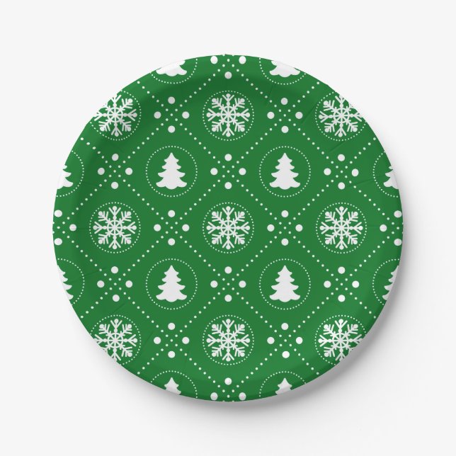 Weiße Schneeflocken Weihnachtsbaumen Grünes Design Pappteller (Vorderseite)