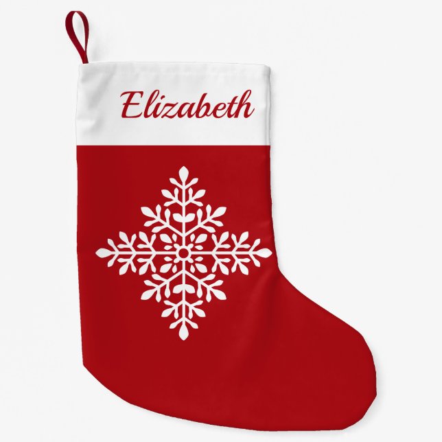Weiße Schneeflockenform auf Rot mit Individuelle N Kleiner Weihnachtsstrumpf (Vorderseite)