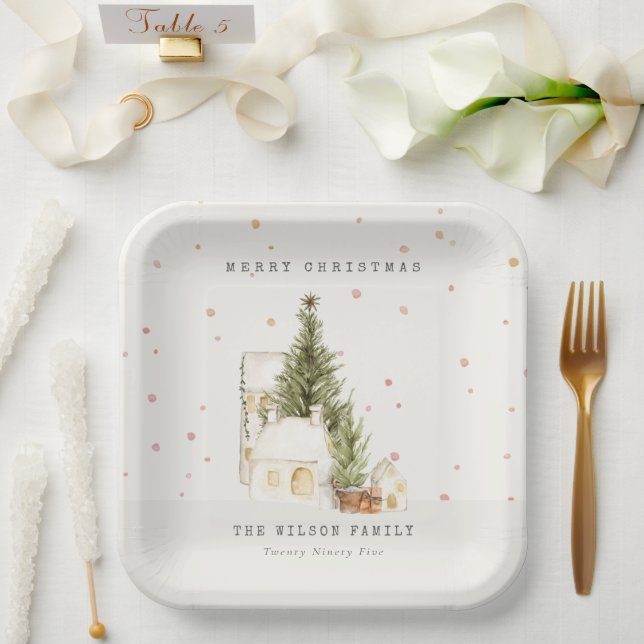 Weiße Schneehäuser Frohe Weihnachtsgrüße Pappteller (Hochzeit)