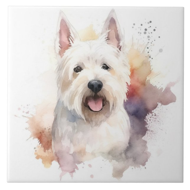 Weiße schottische Terrier, Dog-Haustier, Aquarell Fliese (Vorderseite)