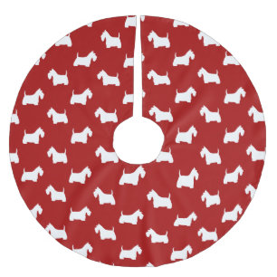 Weiße schottische Terrier Silhouetten Muster Rot Polyester Weihnachtsbaumdecke