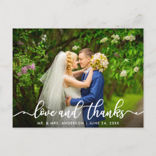 Weiße Schrift Liebe und Dank   Hochzeitsfoto Postkarte