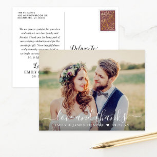 Weiße Schrift Liebe und Dank Hochzeitsfoto Postkarte