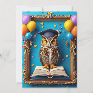 Weiße Schüssel in Graduiertenkappe Posing mit Buch Einladung