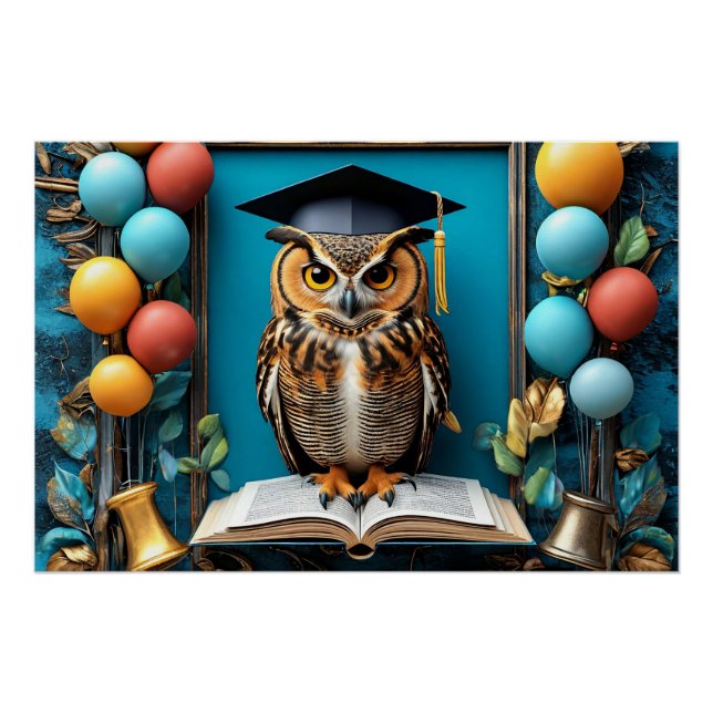 Weiße Schüssel in Graduiertenkappe Posing mit Buch Poster (Vorderseite)