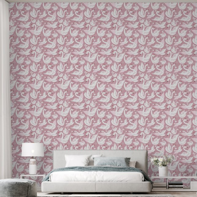 Weiße Schwäne auf rosa Girl Bedroom Tapete (Schlafzimmer)
