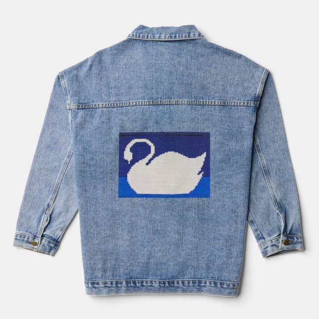 Weiße Schwäne im Coolen Blue Lake Artisan Crochet  Jeansjacke (Rückseite)