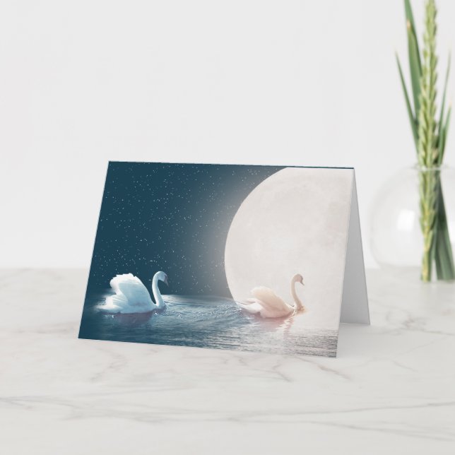Weiße Schwäne mit Mond zum Hochzeitstag Karte (Vorderseite)