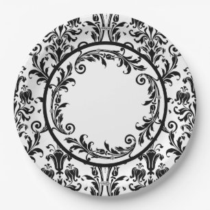 Weiße schwarze Damast Floral Wirbel personalisier Pappteller