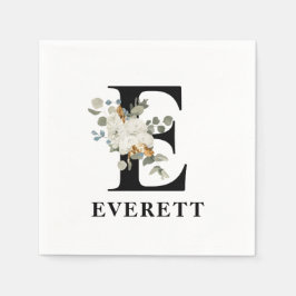 Weiße schwarze Floral Monogramm E Serviette