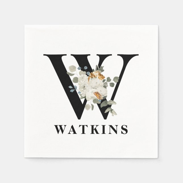 Weiße schwarze Floral Monogramm W Serviette (Vorderseite)