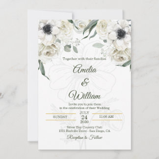 Weiße Schwarze Grüne Elegante Anemone Hochzeit Einladung