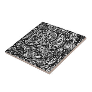Weiße & schwarze Vintage-Blumen-Paisley-Damastmust Fliese