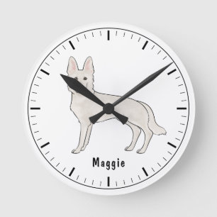 Weiße Schweizer Hirte GSD Niedlicher Hund mit Name Runde Wanduhr