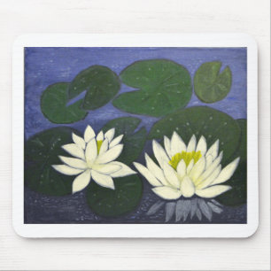 Weiße Seerosenblüten, Acrylmalerei Mousepad