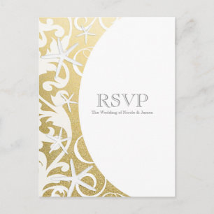 Weiße Seesterne Gold Strand Elegante Hochzeit RSVP Einladungspostkarte