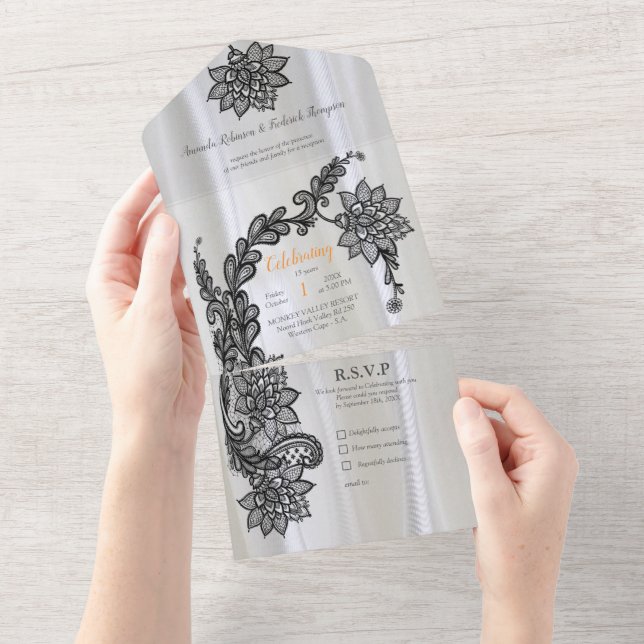 Weiße Seide mit schwarzer Spitze All In One Einladung (Abreißen)