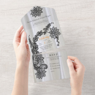 Weiße Seide mit schwarzer Spitze All In One Einladung