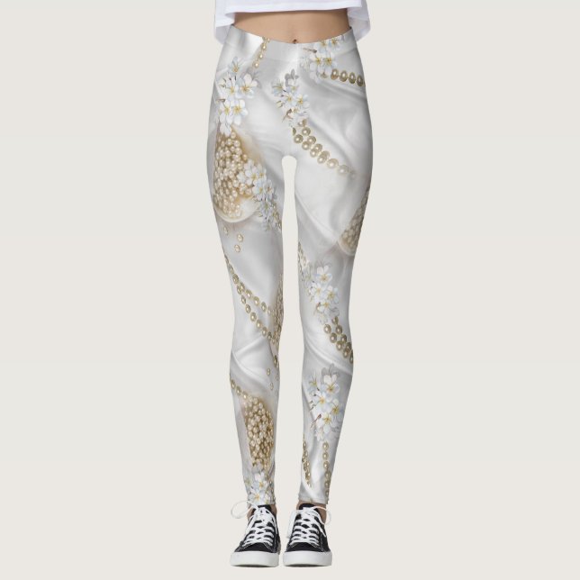 Weiße Seide und Elfenbeinperlen Leggings (Vorderseite)
