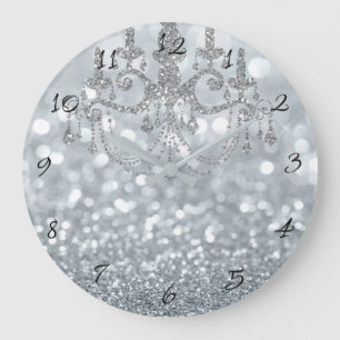 Weiße Silber Glitter Bokeh Glam Kronleuchter Funke Große Wanduhr