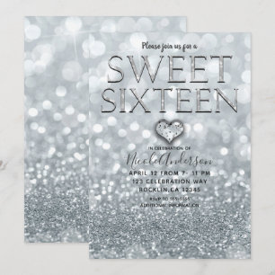 Weiße Silber Glitter Bokeh Glamour Süße 16 Party Einladung