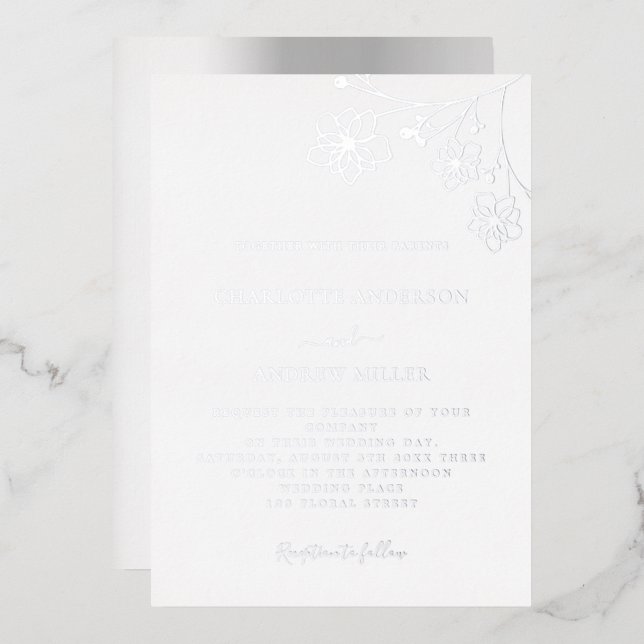 Weiße, silberne, elegante Hochzeit Folieneinladung (Vorderseite/Rückseite)