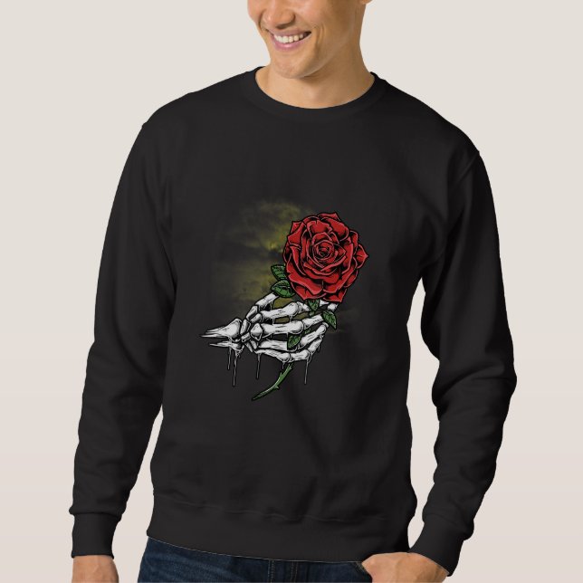 Weiße Skeletthand mit roter Rose Sweatshirt (Vorderseite)
