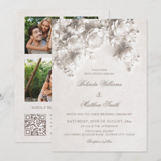 Weiße skulpturierte Blumen 3D Rosen Hochzeit Einladung
