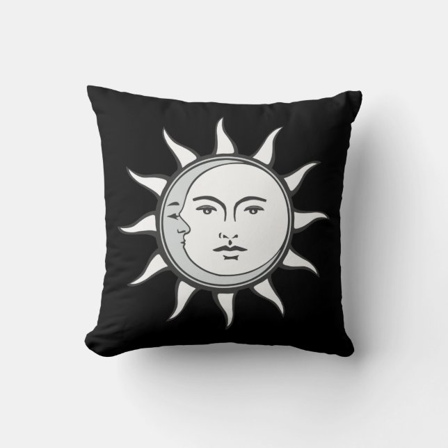 Weiße Sonne und Silbermond auf schwarz Kissen (Vorderseite)