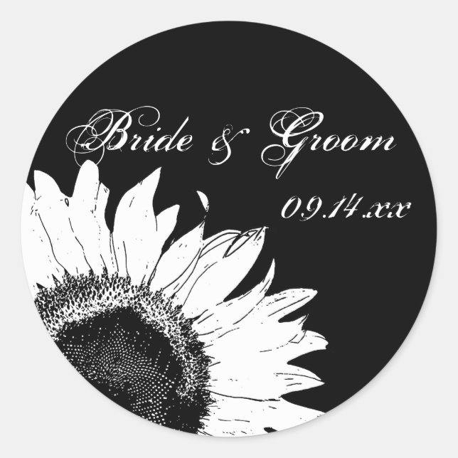 Weiße Sonnenblume auf Black Wedding-Umschlag Aufkl Runder Aufkleber (Vorderseite)